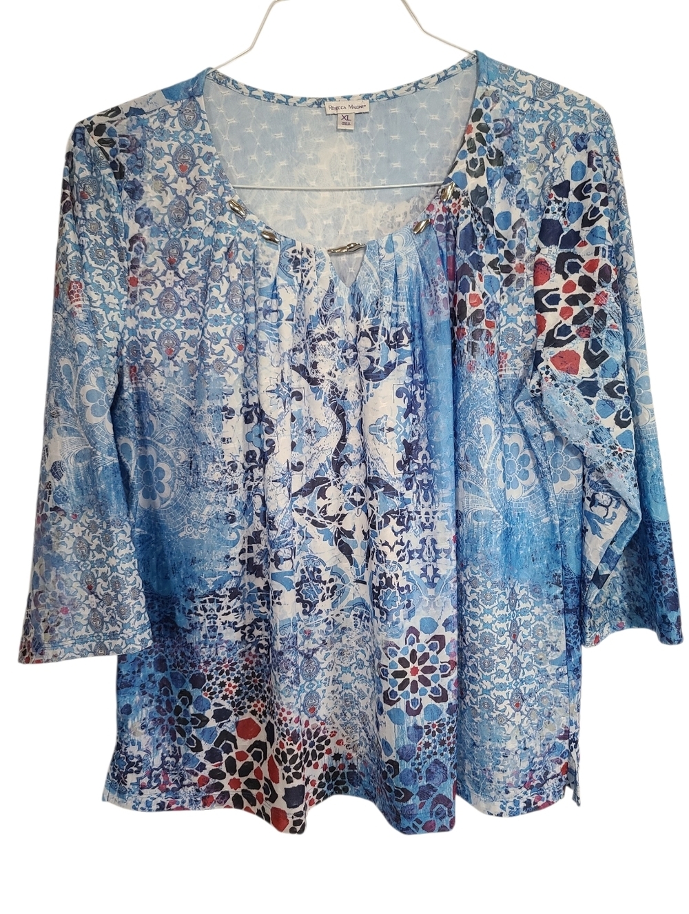 Rebecca Malone Blue White Mosaic Print Womens Top 3/4 Sleeve Size XL